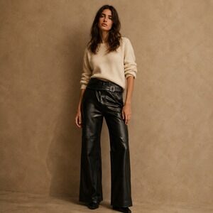 Cache Vintage 100% Lambskin Leather Belted Pants Sz 8 Black
